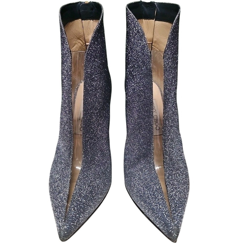 Jimmy Choo Bowie 100 Glitter Ankle Boots Blue Silver Pointed Toe Heel 37.5